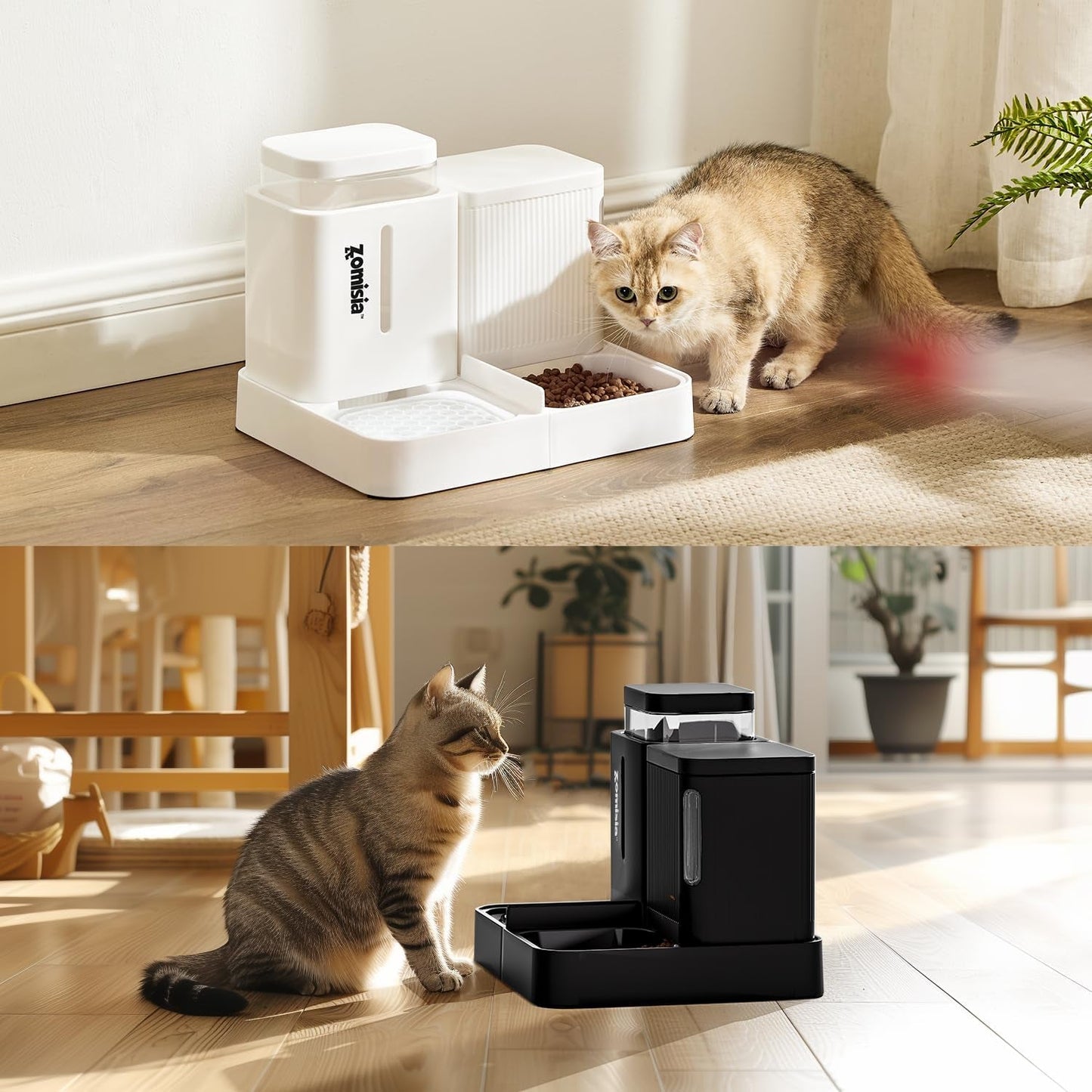 ZOMISIA Automatic Cat Feeder and Water Dispenser Set, 2 in 1 Gravity Cat Food Dispenser with 180 Degree Rotatable, Pet Self Feeding Large Capacity for Small Dogs Puppy Kitten, Black, 0.8 Gallon X 2